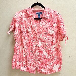 Karen Scott 1x Plus Woman Red White Paisley Cotton Summer Casual  Button  Shirt